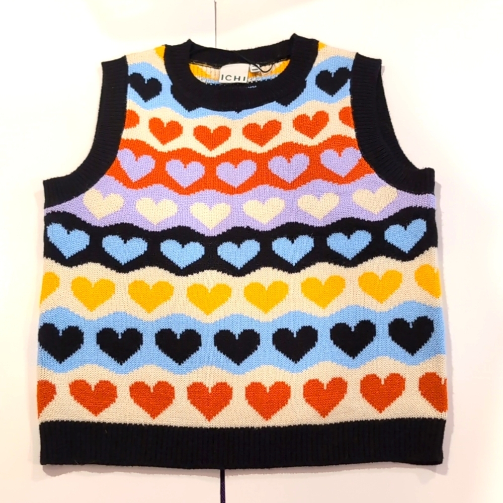 Ichi Heart Print Multicolour Sweather Vest XS Kidcore - Picture 2 of 10
